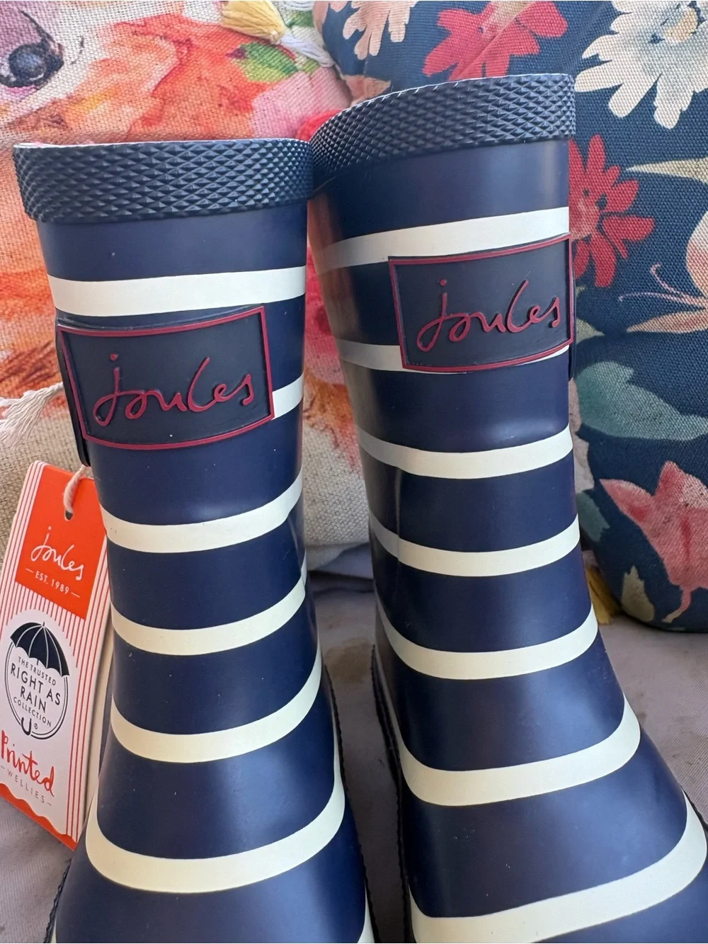 Joules Kids Navy and Cream Striped Rain Boots